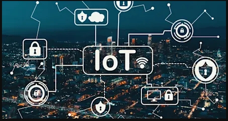 Ilustração abstrata representando a Internet das Coisas com dispositivos conectados.